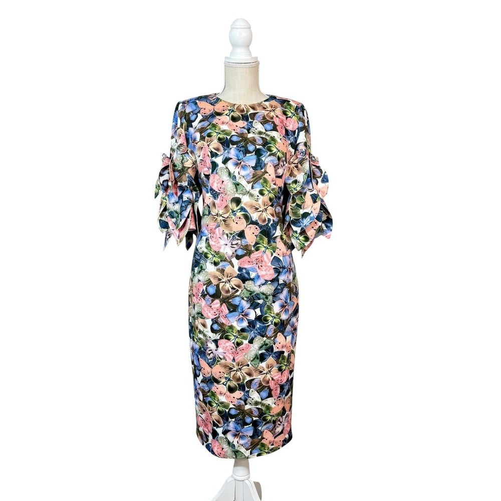 Badgley Mischka Scuba Petal-Sleeve Sheath Dress Sz 8 Floral Butterfly Print